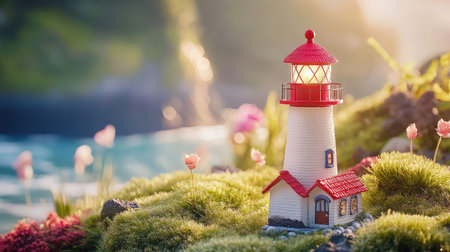 A picturesque miniature lighthouse stands proudly on a grassy hillside, surrounded by colorful flowers and shimmering ocean waves, embodying a serene coastal charm.の素材