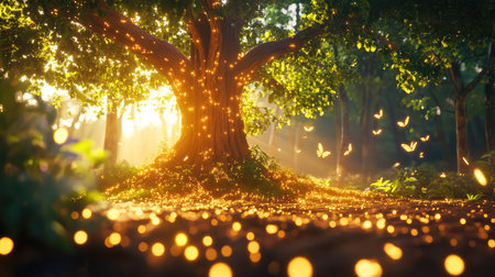 A stunning view of a majestic tree bathed in soft golden light, accompanied by glowing fireflies and fluttering butterflies, creating a magical forest atmosphere.の素材