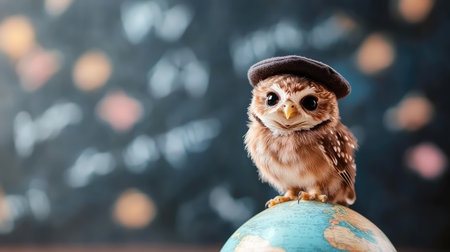 A charming owl wearing a beret sits atop a globe, embodying the spirit of education and exploration in a playful classroom atmosphere. This unique image inspires creativity and learning.の素材