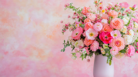 A stunning bouquet of pink roses, peonies, and various flowers in a soft pink vase, set against a pastel background, perfect for spring decor or celebrations.の素材