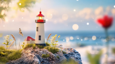 A charming lighthouse stands on a rocky outcrop, illuminated by warm evening light. Wildflowers bloom nearby, creating a tranquil coastal scene that invites relaxation.の素材
