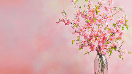 A stunning arrangement of pink cherry blossoms nestled in a clear glass vase, set against a soft pastel backdrop, bringing a touch of elegance and warmth to any space.の素材