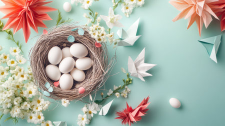 A beautiful spring scene featuring a nest filled with white eggs surrounded by delicate flowers and colorful paper decorations. Ideal for seasonal content.の素材