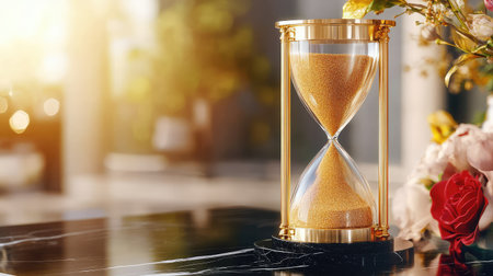 A stunning hourglass sits elegantly on a modern table, surrounded by beautiful flowers and bathed in natural light, creating a serene atmosphere.の素材