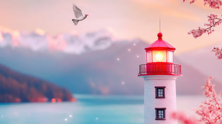 A tranquil lighthouse stands against a colorful sunset, framed by blooming trees and majestic mountains, with a bird soaring in the distance.の素材