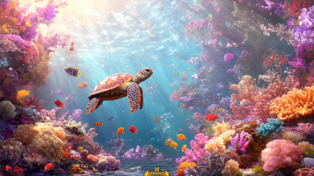 This breathtaking underwater scene showcases a sea turtle gracefully swimming through a vibrant coral reef filled with colorful tropical fish. The sunlight streams down, illuminating the diverse marine life and creating a serene and tranquil underwater environment. Perfect for ocean lovers and nature enthusiasts.の素材