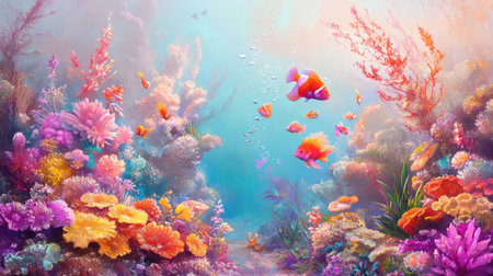 Explore a mesmerizing underwater scene showcasing a stunning array of colorful coral reefs and diverse tropical fish swimming gracefully through vibrant aquatic plants.の素材