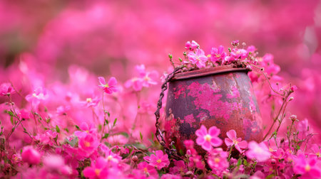 A charming vintage pot filled with blooming pink flowers sits amidst a vibrant garden, creating a serene atmosphere full of color and beauty.の素材
