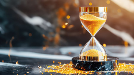 A captivating close-up image of an hourglass filled with golden sand, resting on a glossy black surface, creating a beautiful play of reflections and sparkles.の素材