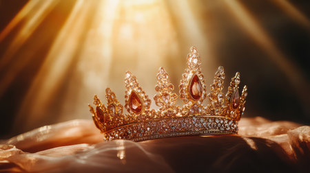 A stunning golden crown adorned with sparkling gemstones rests gently on soft fabric, beautifully illuminated by ethereal rays of light, capturing pure luxury.の素材