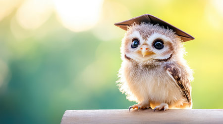 A cute baby owl wearing a graduation cap brings joy and cuteness. This charming bird stands out against a bright bokeh background, capturing a moment of celebration.の素材