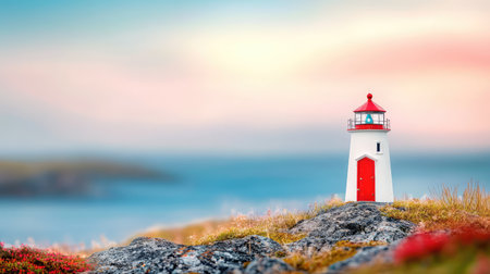 A striking lighthouse stands majestically on rocky terrain, with vibrant colors creating a calming atmosphere against a picturesque ocean backdrop.の素材