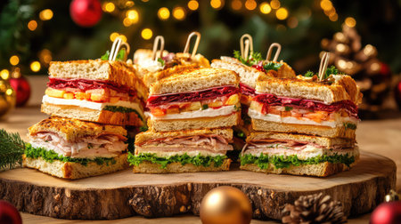 A vibrant display of gourmet sandwiches arranged on a rustic wooden board, perfect for festive celebrations and gatherings. Ideal for food lovers and event planners.の素材