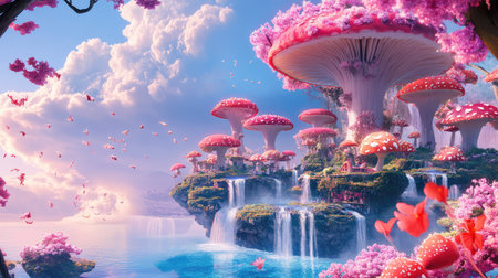 This mesmerizing enchanted forest features colorful mushrooms and cascading waterfalls, creating a serene and whimsical fantasy landscape under pink skies.の素材
