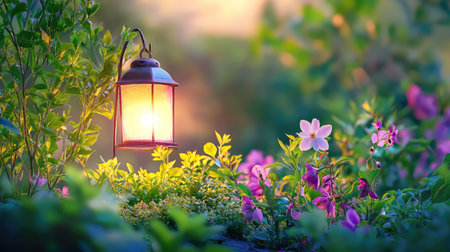 A charming lantern casts a warm glow amidst vibrant flowers and lush greenery, creating a peaceful ambiance in a tranquil garden setting at dusk.の素材