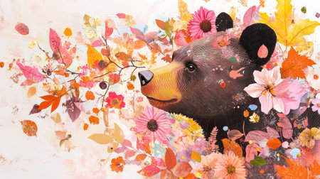 This artistic illustration features a majestic bear surrounded by a vibrant array of flowers and autumn leaves, creating a harmonious blend of nature's beauty.の素材