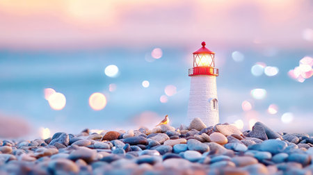 A charming miniature lighthouse stands on smooth pebbles beside the ocean during sunset, radiating a warm light amidst a background of shimmering bokeh.の素材