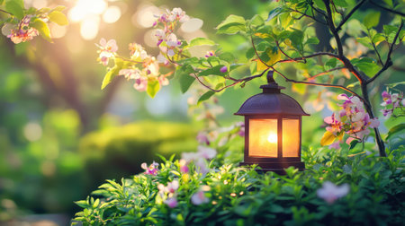 A charming lantern casts a warm glow amidst vibrant blooming flowers and green leaves, creating a tranquil garden atmosphere perfect for relaxation.の素材