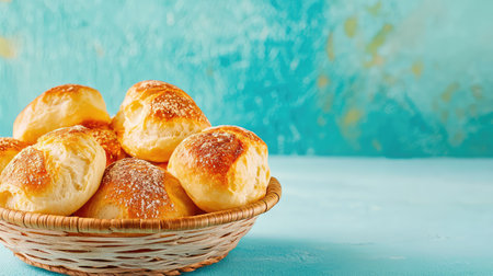 Indulge in the warmth of freshly baked rolls displayed in a woven basket, set against a vibrant pastel background, perfect for any culinary setting.の素材