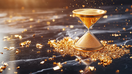 This stunning hourglass features shimmering golden sand set against a luxurious dark marble background, capturing the essence of time's elegance and beauty.の素材