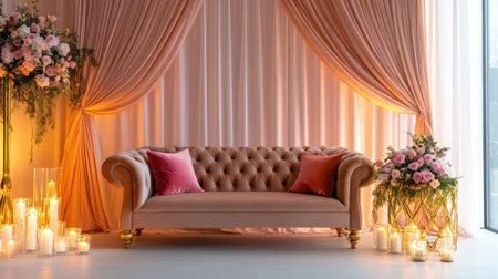 A beautifully arranged interior scene featuring a plush sofa, soft pink hues, floral arrangements, and glowing candles, creating a peaceful and elegant atmosphere.の素材