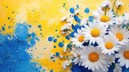 A stunning arrangement of daisies set against a bright blue and yellow painted background. Perfect for creative projects, this image captures the essence of spring and joy.の素材