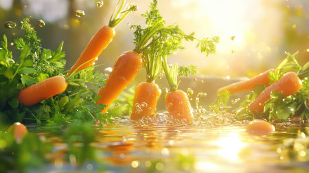 A stunning image of fresh carrots splashing in crystal clear water, surrounded by lush green foliage, illuminated by warm sunlight, symbolizing freshness and vitality.の素材