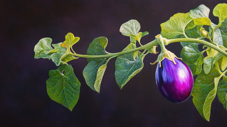 This detailed image showcases a shiny purple eggplant hanging on a green vine, surrounded by fresh leaves, against a dark backdrop, showcasing natural beauty.の素材
