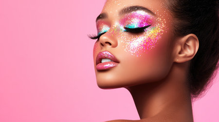 This captivating beauty portrait features a model with shimmering glitter makeup and vibrant colors against a soft pink background, highlighting creativity.の素材