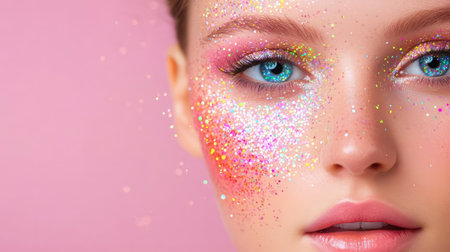 This stunning close-up features a young woman showcasing vibrant glitter makeup against a soft pink background. Her sparkling eyes captivate attention, highlighting modern beauty trends.の素材