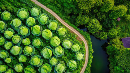 This breathtaking aerial view showcases a vibrant green cabbage field bordered by rich vegetation and a winding pathway, reflecting nature's beauty.の素材