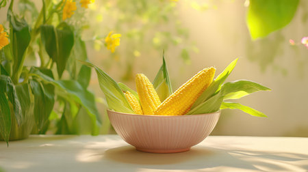 A stunning still life featuring fresh golden corn in a bowl, surrounded by green leaves and vibrant yellow flowers, capturing a warm summer essence.の素材