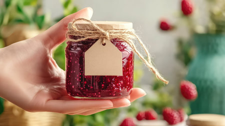 A close-up view of a hand holding a jar of homemade raspberry jam with a blank label, set against a backdrop of fresh raspberries and greenery.の素材