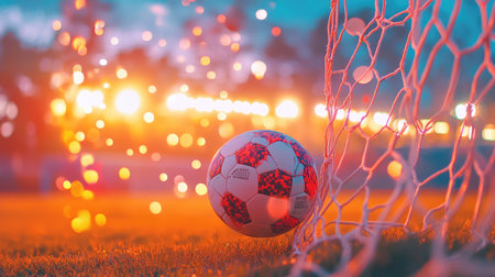 This captivating image showcases a soccer ball resting against a goalpost, with vibrant sunset colors and beautiful bokeh lights creating a dreamy atmosphere.の素材