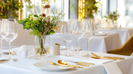 A stunning dining table adorned with elegant glassware and golden cutlery, featuring a beautiful floral centerpiece, perfect for any upscale dining experience.の素材