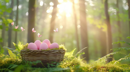 A charming scene featuring a basket of pink eggs sitting among lush greenery, with butterflies fluttering in a warm sunlit forest, evoking feelings of spring.の素材