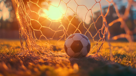 A captivating sunset scene featuring a soccer ball nestled in a goal net on the grass field, symbolizing sport, leisure, and joyful moments.の素材