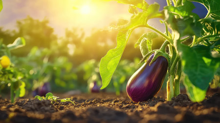 A vibrant eggplant thrives in a lush garden illuminated by the warm glow of sunlight. The scene captures the essence of sustainable farming and healthy eating.の素材