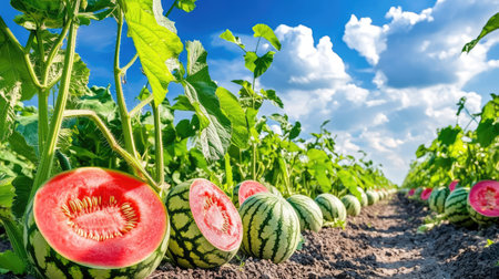 A stunning view of ripe watermelons growing in a lush field under a bright blue sky with fluffy clouds. The image captures the essence of summer harvest season.の素材