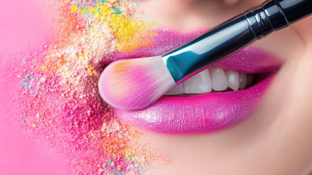 A stunning close-up image showcasing a makeup application experience. A vibrant, colorful powder interacts with lush pink lips, creating an artistic and glamorous look.の素材