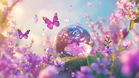 A captivating image showcasing a crystal globe nestled among vibrant purple flowers, with colorful butterflies fluttering gracefully in a serene and dreamlike setting.の素材