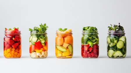A visually appealing arrangement of jars filled with various fresh fruits and vegetables on a clean white background, promoting healthy eating and meal prep.の素材