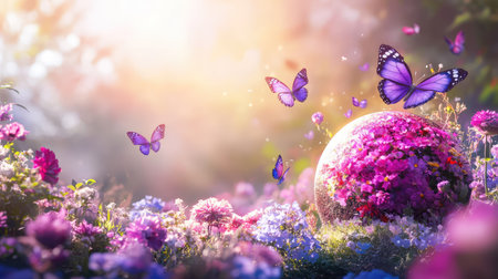 A captivating scene featuring vibrant purple butterflies fluttering over a beautiful garden filled with colorful flowers, illuminated by soft sunlight.の素材