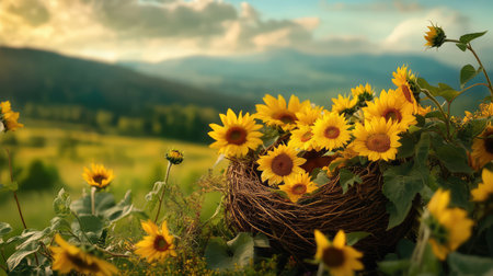 A stunning arrangement of sunflowers nestled in a natural bird's nest, set against a picturesque landscape featuring rolling hills and a bright blue sky.の素材