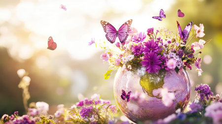 A captivating scene featuring a globe adorned with vibrant flowers and butterflies. This image embodies the beauty and harmony of nature, portraying a colorful ecosystem.の素材