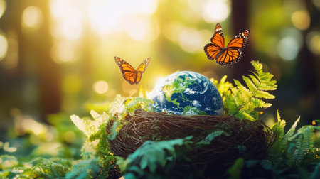 An enchanting scene featuring a colorful globe nestled in a natural nest, with vibrant butterflies fluttering among ferns in a sunlit forest.の素材