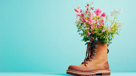 This unique and artistic image features a brown boot filled with vibrant flowers against a bright blue background, perfect for showcasing nature's beauty.の素材