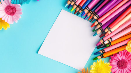A vibrant scene featuring a blank sketchbook page surrounded by colorful crayons and cheerful flowers, perfect for inspiring creativity and artistic expression.の素材