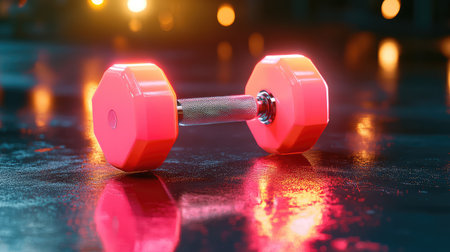 A vibrant pink dumbbell rests on a reflective surface, illuminated by soft bokeh lights in the background. Ideal for fitness-related themes and motivational content.の素材