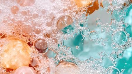 This abstract image features colorful bubbles and foam in water, showcasing a blend of soft pastel hues. Ideal for art, design, or relaxation themes.の素材
